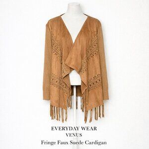 VENUS Camel Fringe Faux Suede Open Front Longline Cardigan Western Boho L